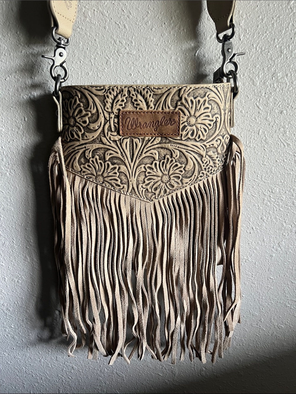 Wrangler Tan Floral Tooled Fringe Crossbody